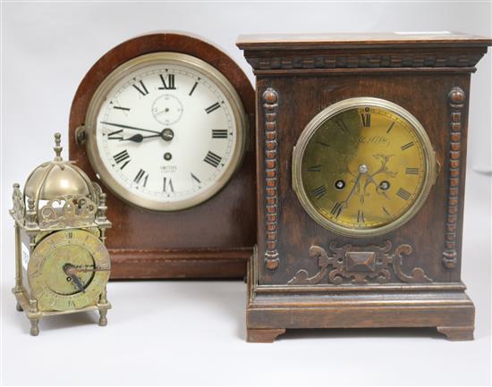 A Maple & Co oak cased mantel clock, 26cm, a Smiths timepiece and a miniature lantern timepiece